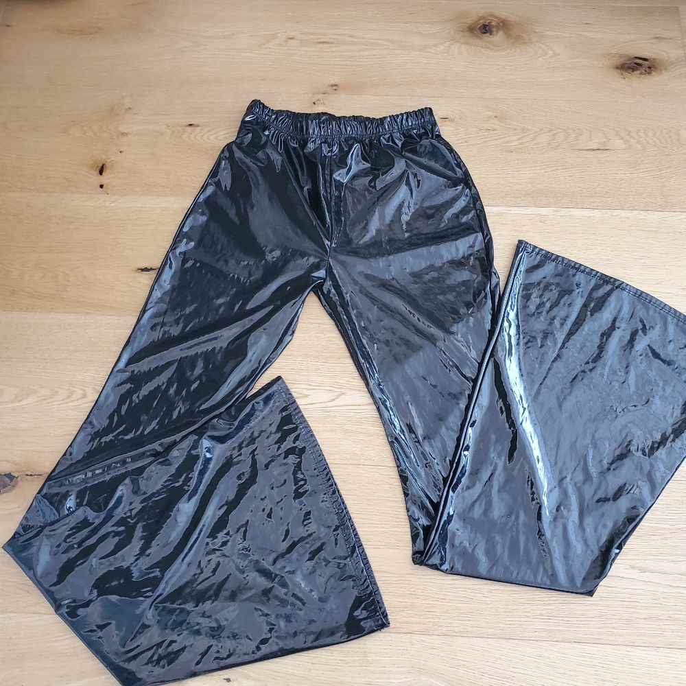 Vinyl shiny wide Flare leg pants elastic waist Y2K disco Halloween costume ABBA